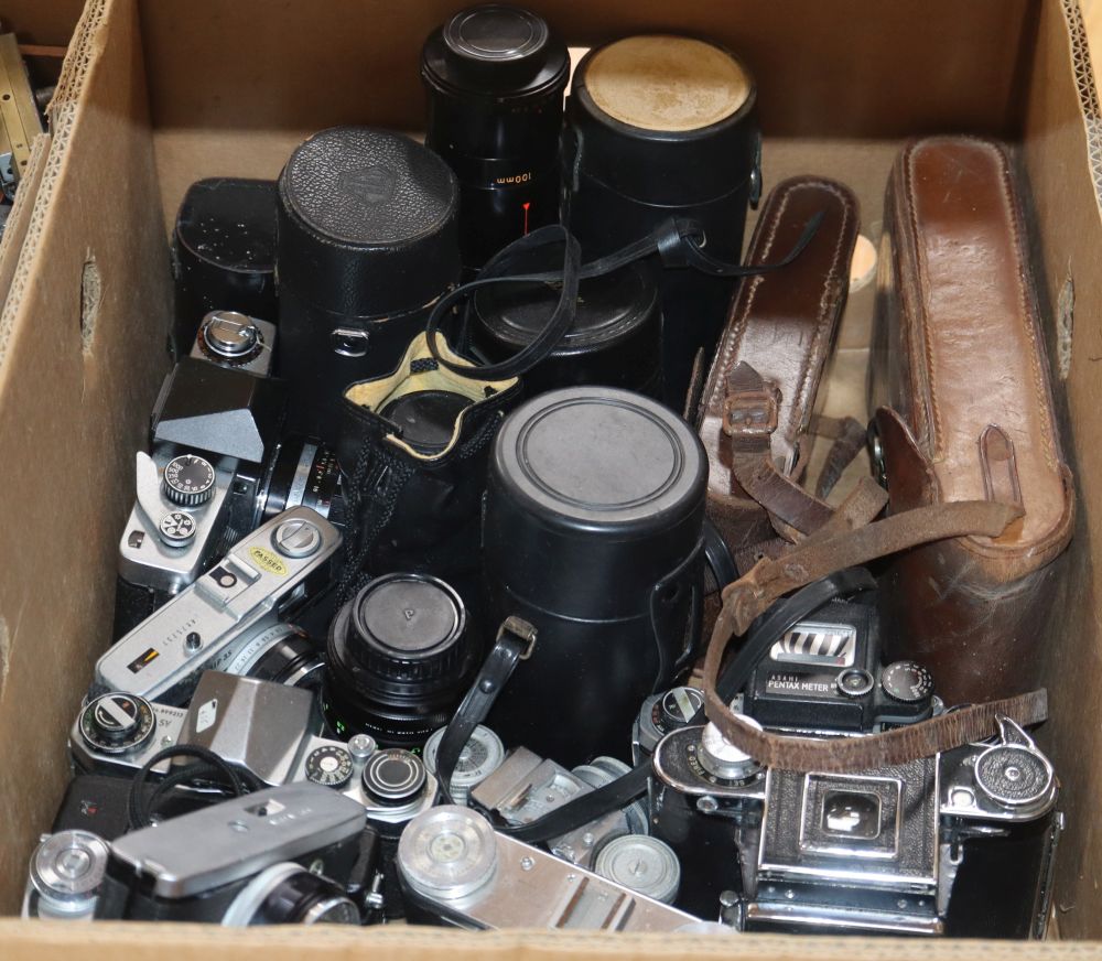 Two boxes of various cameras and camera equipment